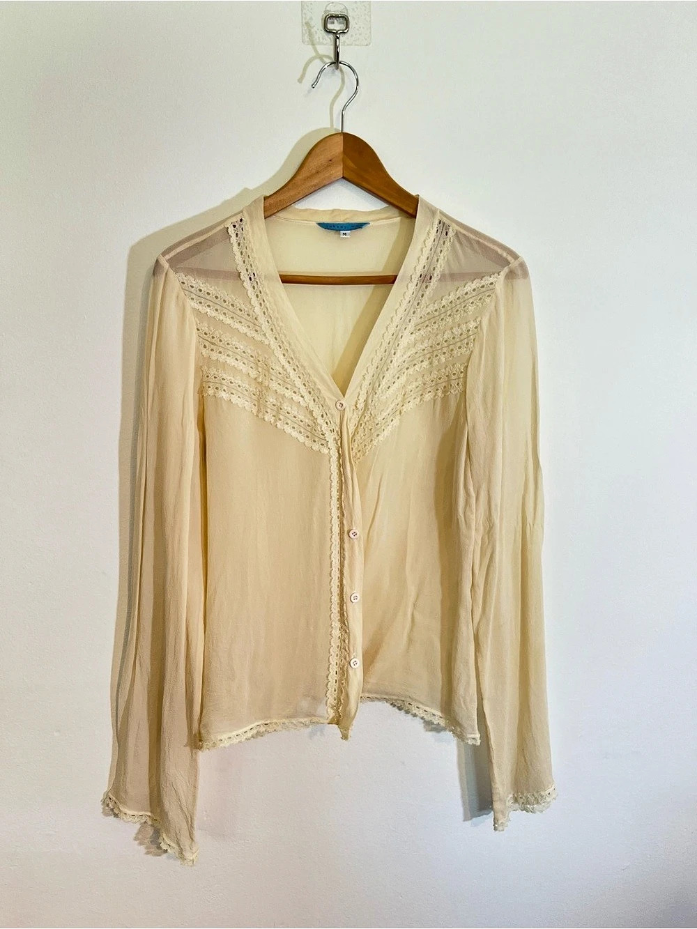 Johnny Was Lace Trim Sheer Blouse in Cream Size Medium Like New
